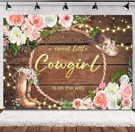 SVBright Western Cowgirl Baby Shower Backdrop 7Wx5H Rustic Country Rural Wood Board Plank Pink Floral Retro Bohemian Hat Plant Botanical Decorations Photography Background Banner Photo Booth Studio