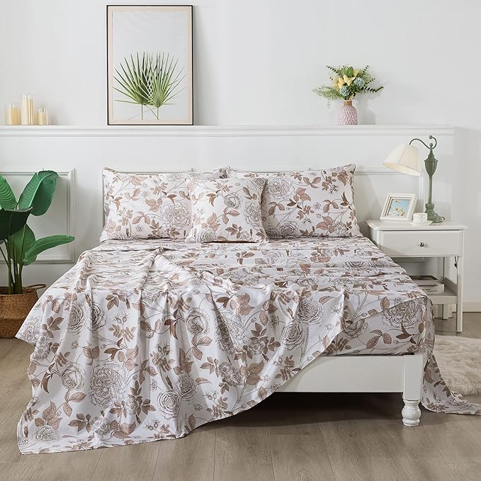FADFAY Sheets Set Twin XL Vintage White and Brown Floral Bedding Elegant Peony Sheets Shabby Rose Farmhouse Bedding 100% Egyptian Cotton 800 Thread Count Deep Pocket Fitted Sheet 4Pcs, Twin XL Size