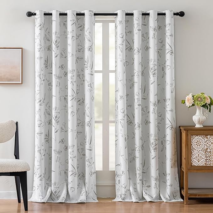 ChrisDowa 100% Blackout Floral Curtains 96 Inches Long 2 Panels for Bedroom Living Room Grey Flower Patterned Room Darkening Thermal Insulated Soundproof Grommet Window Treatments Drapes,52X96
