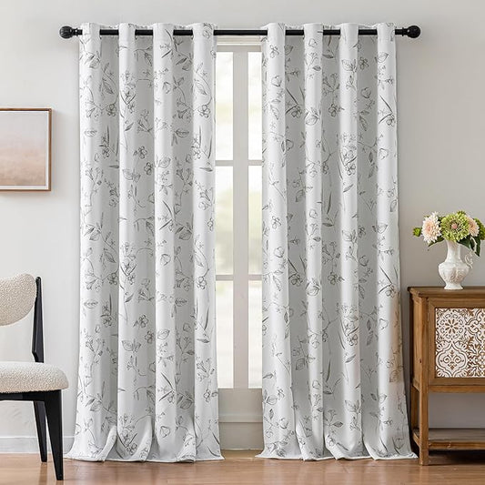 ChrisDowa 100% Blackout Floral Curtains 96 Inches Long 2 Panels for Bedroom Living Room Grey Flower Patterned Room Darkening Thermal Insulated Soundproof Grommet Window Treatments Drapes,52X96