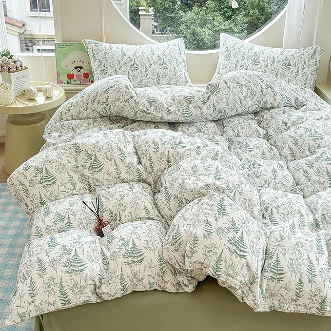 LifeTB Muslin Duvet Cover King Size 100% Cotton Botanical Floral Comforter Cover Ultra Soft Cottagecore Bedding Set Lightweight Linen Feel Textured Breathable Gauze Duvet Cover with 2 Pillowcases