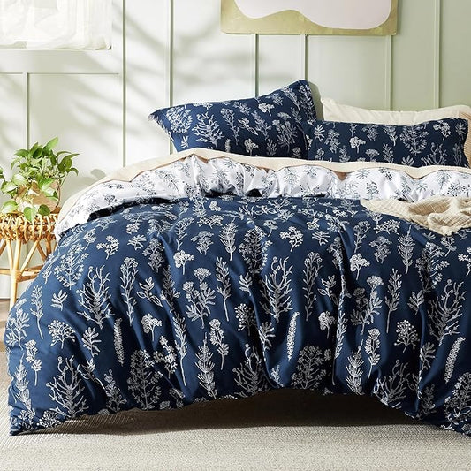 Bedsure Duvet Cover King Size - Reversible Navy Blue King Duvet Cover Set with Zipper Closure, 3 Pieces Floral Patterned Bedding Set with 8 Corner Ties and 2 Pillow Shams