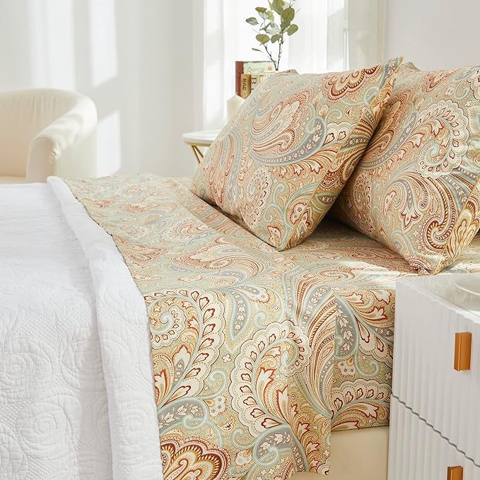 Brandream Paisley Bedding Gold Classy Regal Themed Boho Bed Sheet Set Luxury Bedding Collections 800 Thread Count 100% Egyptian Cotton Deep Pocket, 4 Piece-King Size