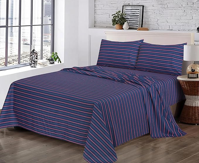 RUVANTI 100% Cotton Full Size Bed Sheets, 4 Pieces, Soft & Breathable Percale Weave Bedding, Deep Pocket 16", Hotel Standard, Crisp Cool Feel, Durable, Perfect Sheet Set Striped, Nautical