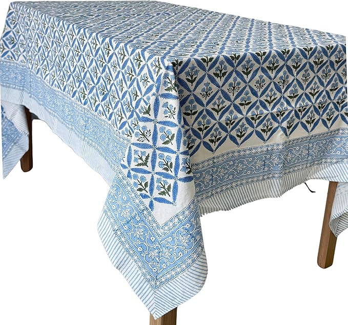 ATOSII Netta Blue 100% Cotton Rectangle Summer Tablecloth, Handblock Floral Print Linen Table Cloth for Kitchen Dining I Parties, Weddings, Outdoors, Decor 60 X 108 Inches, 8 Seater