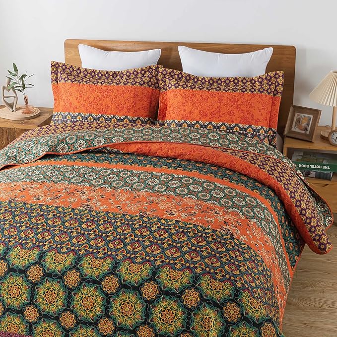 Travan Boho Stripe Quilt Sets Floral Printed Reversible Soft Bohemian Bedding Set with Shams for All Season, Orange Red Stripe, King Size