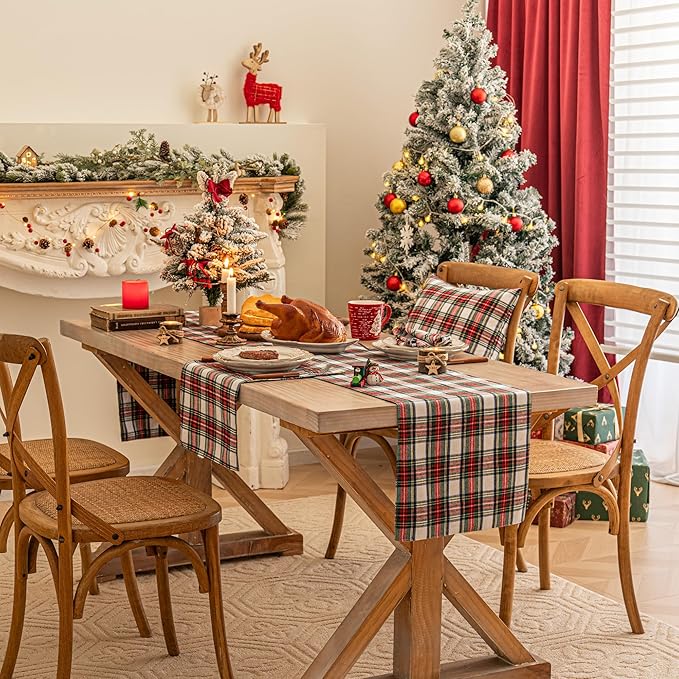 Red White Plaid Christmas Table Runner, Winter Holiday Table Runners 90 inches Long, Xmas Decorations Indoor Outdoor Farmhouse Home Kitchen Dining Party Decor