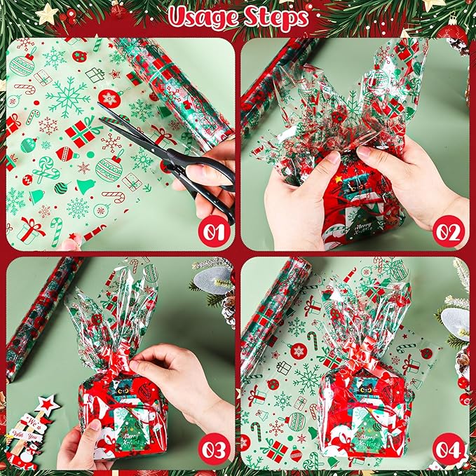 woric Cellophane Wrap for Gift Baskets 17in x 82 Ft Christmas Cellophane Wrap Roll Gift Basket Wrapping Plastic for Gift Wrapping Treats Party Favors Christmas Decoration