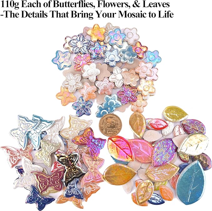 2.5 lb Ceramic Mosaic Tiles for Crafts Mix – Irregular Ceramic Pieces with Flower, Butterfly & Leaf Shapes for Mosaics DIY Art Projects and Home Decor