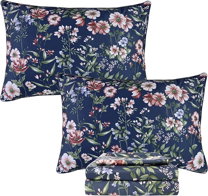 FADFAY Sheets Set King Vintage Dark Blue Floral Bedding Shabby Peony Floral Sheets Navy French Country Farmhouse Bedding 800 Thread Count 100% Egyptian Cotton Deep Pocket Fitted Sheet 4Pcs, King Size