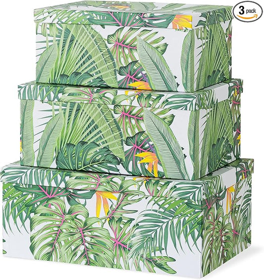 Soul & Lane Decorative Storage Cardboard Boxes with Lids | Tropical Breeze - Set of 3 | Green Jungle Leaves Paperboard Nesting Boxes