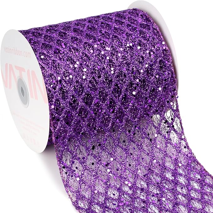 VATIN 6" Purple Christmas Ribbon, Purple Glitter Mesh Diamond Web Sequin Dots Wired Christmas Ribbon for Gift Wrapping Bow Making Wreath Supply-10 Yards