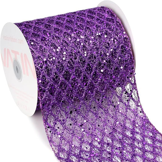 VATIN 6" Purple Christmas Ribbon, Purple Glitter Mesh Diamond Web Sequin Dots Wired Christmas Ribbon for Gift Wrapping Bow Making Wreath Supply-10 Yards