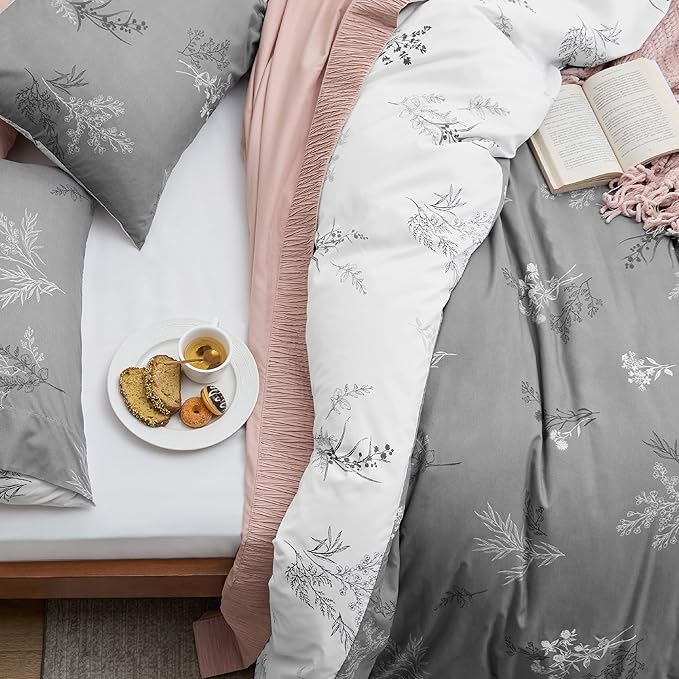 Bedsure Duvet Cover Twin Dorm Bedding - Reversible Floral Duvet Cover Set with Zipper Closure, 2 Pieces Grey Bedding Set with 8 Corner Ties and 1 Pillowcase 20"x26"