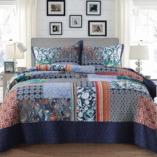 Yvooxny Queen Quilt Set Reversible Lightweight Bohemian Paisley Patchwork Cotton Quilted Bedspread Coverlet Set 3-Piece Bedding Set with Shams for All Seasons, Queen Size, 98 * 90 Inches