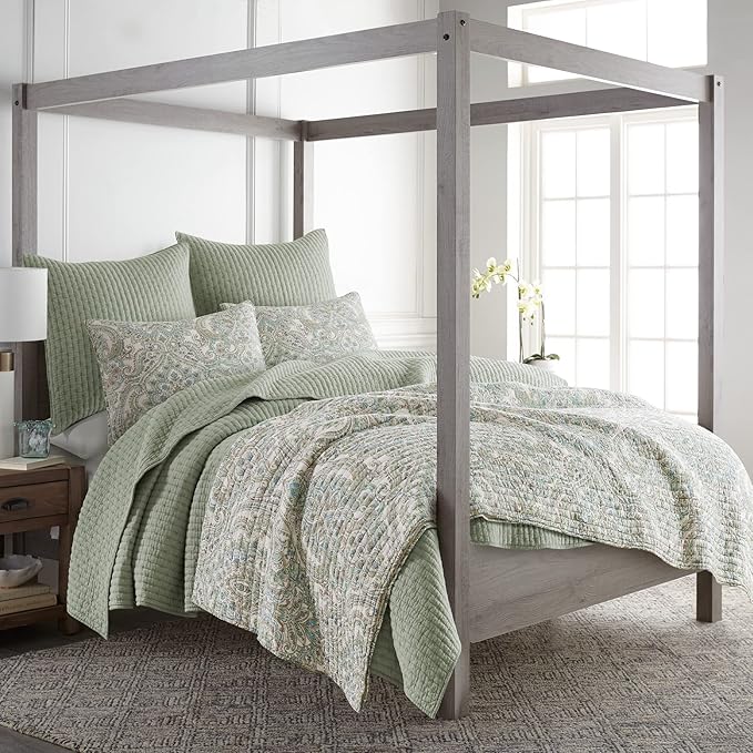 Levtex Home Cross Stitch Reversible Full/Queen Quilt Set (88x92in) and 2 Pillow Shams (26x20in) - Stitch Texture - Desert Sage - Cotton Full/Queen Size Quilt Bedding Set - Lightweight Soft Pre-Washed
