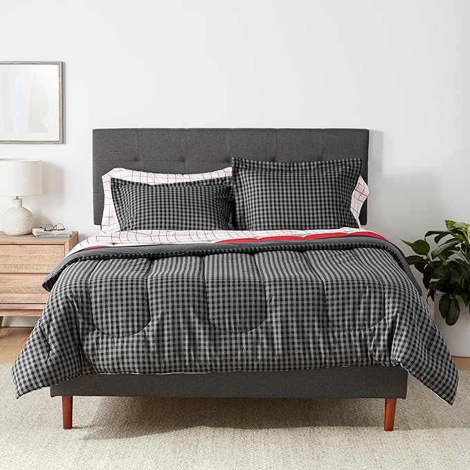 Amazon Basics Full/Queen Comforter Set with Plaid, Striped Sheets, 7-Piece Red Simple Stripe Bedding, Lightweight Microfiber Bed-in-a-Bag