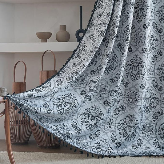 ENJOYBRIDAL Black Damask Curtains 63 Inch Long Semi Sheer Rod Pocket Drapes Bedroom Living Room 2 Panels Short Window Curtain Panels Boho Jacquard Medallion Pattern Light Filtering Window Treatments