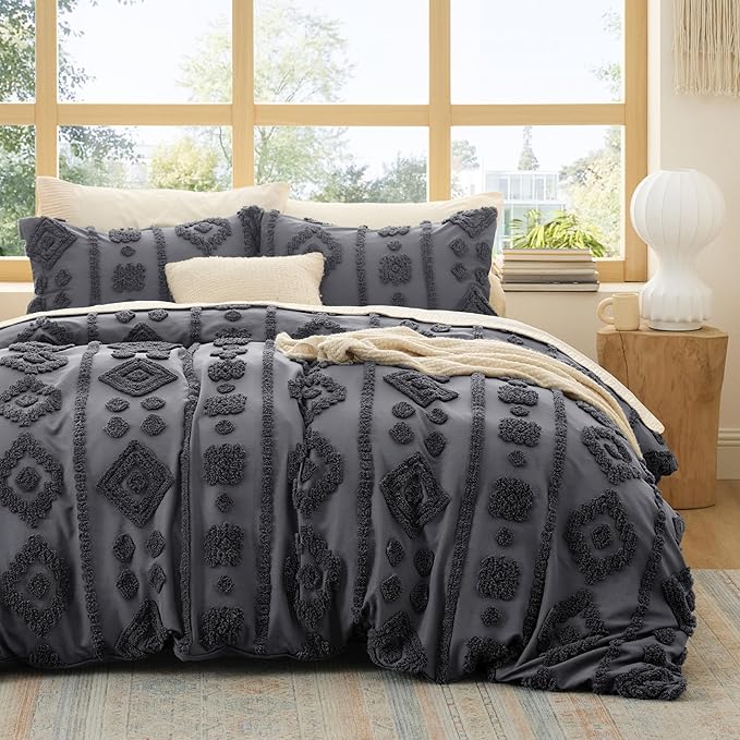 Bedsure Boho Duvet Cover King - Dark Grey Tufted Boho Bedding, Farmhouse Shabby Chic Embroidery Bedding for All Seasons, 3 Pieces, 1 Soft Jacquard King Comforter Cover and 2 Pillow Shams