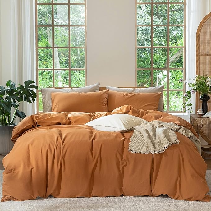 MooMee Bedding Duvet Cover Set 100% Washed Cotton Linen Like Textured Breathable Durable Soft Comfy (Solid Burnt Orange, Palatial King/Oversized King 120"x98")