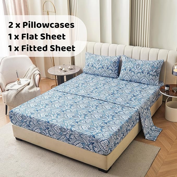 Softan Blue Paisley Printed Bed Sheets King Size, Floral Sheet Set King, Brushed Polyester Microfiber Fitted Sheet with 15" Deep Pocket & Non-Slip Straps, Blue Flower Patterned Sheet & Pillowcase Sets