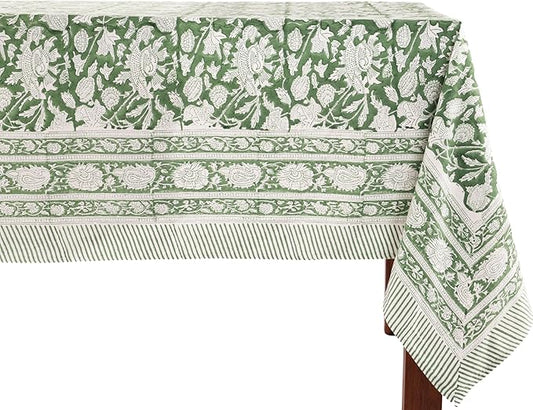 ATOSII Meraki Green 100% Cotton Rectangle Tablecloth, Hand Block Print Washable Table Cover, Dining, Christmas Parties, Outdoors, Weddings, Thanksgiving, Halloween, Fall Decor 60 X 90 Inches, 6 Seater