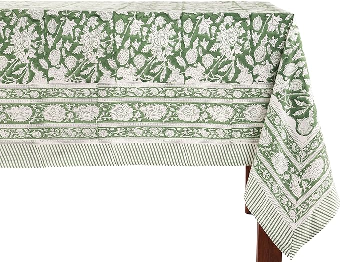 ATOSII Meraki Green 100% Cotton Spring Summer Tablecloth, Block Print Rectangle Table Cover - Dining, Parties, Outdoors, Weddings, Grand Millennial Decor 60 X 60 Inches I 4 Seater I