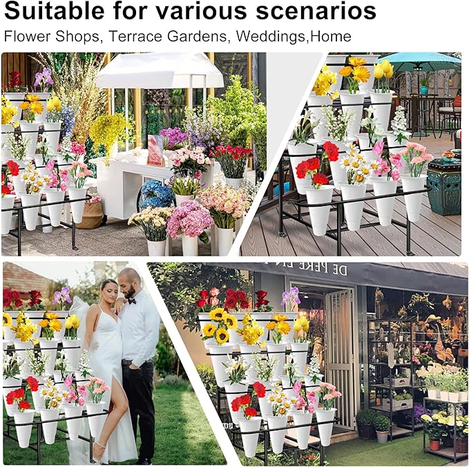 Flower Display Stand with 16PCS Buckets, 4 Layers Flower Cart Display Stand with Wheels Heavy Duty Metal Flower Bar Stand for Florist Shop, Patio Garden and Living Room - Gold