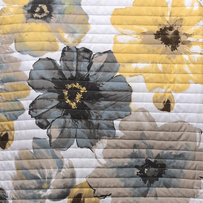 Lush Decor Leah Reversible Floral Quilt Set, 3 Piece Set, Full/ Queen, Yellow & Gray - Watercolor Botanical - Cottage Core - French Country Decor- Bedding Queen Size