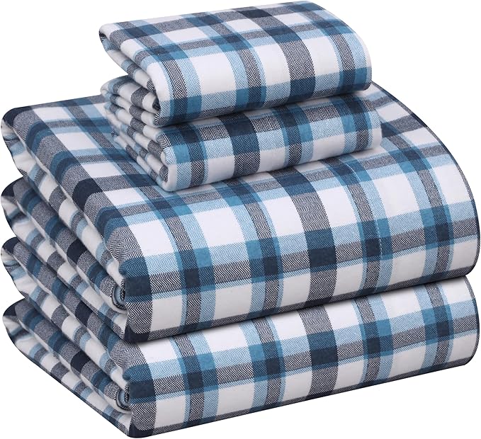 RUVANTI Flannel Sheets California King Size - 100% Cotton Brushed Cal King Bed Sheets Set - Deep Pockets 14 Inches - All Seasons Breathable & Extra Soft - Warm & Cozy, 4 Piece, Gingham Addition