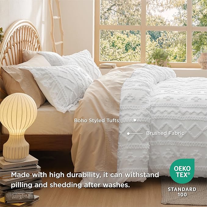 Bedsure Boho Twin Duvet Cover, Soft & Comfortable Elegant Design Boho Bedding for Decoration, Machine Washable Comforter Cover for All Seasons,Includes 1 Duvet Cover & 1 Pillow Sham,White