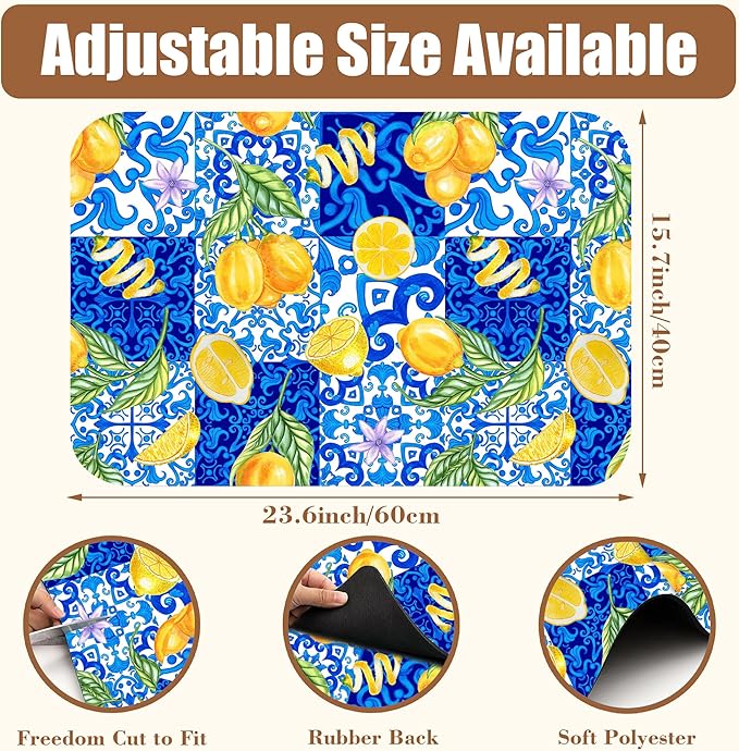 Lemon and Blue Tile Dish Drying Mat for Kitchen Counter Coffee Mat Hide Stain Absorbent Rubber Backed Dish Drainer Rack Pad Espresso Machine Coffee Bar Accessories 15.7 x 23.6 Inch