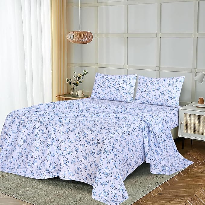 RUVANTI 100% Cotton Sheets Queen Size Set, 4 Pieces, Soft & Breathable Percale Weave Bedding, Deep Pocket 16", Hotel Standard, Crisp Cool Feeling, Durable, Perfect Floral Bed Sheet, Annual