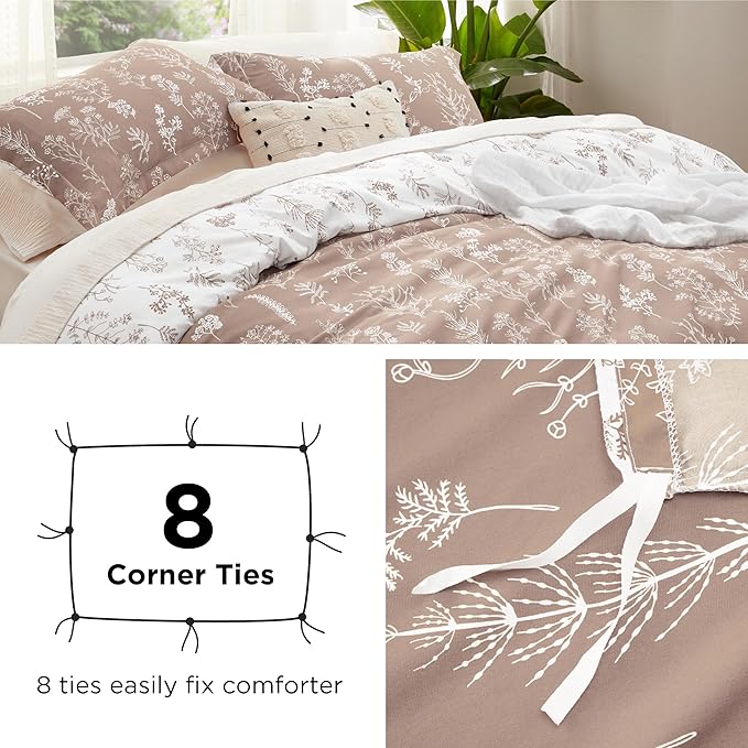 Bedsure Duvet Cover Queen Size - Reversible Light Taupe Queen Duvet Cover Set with Zipper Closure, 3 Pieces Floral Patterned Bedding Set with 8 Corner Ties and 2 Pillow Shams