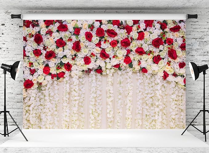 MAEQLQLM 17x10ft Wedding Flower Wall Backdrop Romantic Red White Floral Wall with Hanging Flowers Photography Background for Wedding Party Decor Bridal Shower Photo Booth Props