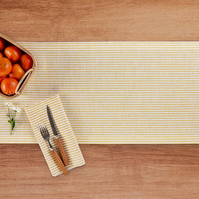 Solino Home Linen Table Runner 72 Inches Long - Narrow Stripe, 100% Pure Linen Spicy Mustard and White Table Runner 14 x 72 Inch for Dining, Dresser, Spring, Easter