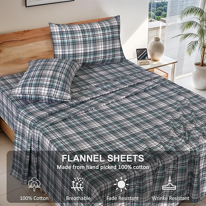 RUVANTI Flannel Sheets Twin Size - 100% Cotton Double Brushed Twin Sheets Set, Deep Pockets 16 Inches, All Seasons Breathable & Extra Soft Bed Sheets, Warm & Cozy, 3 Piece, Mint Grey