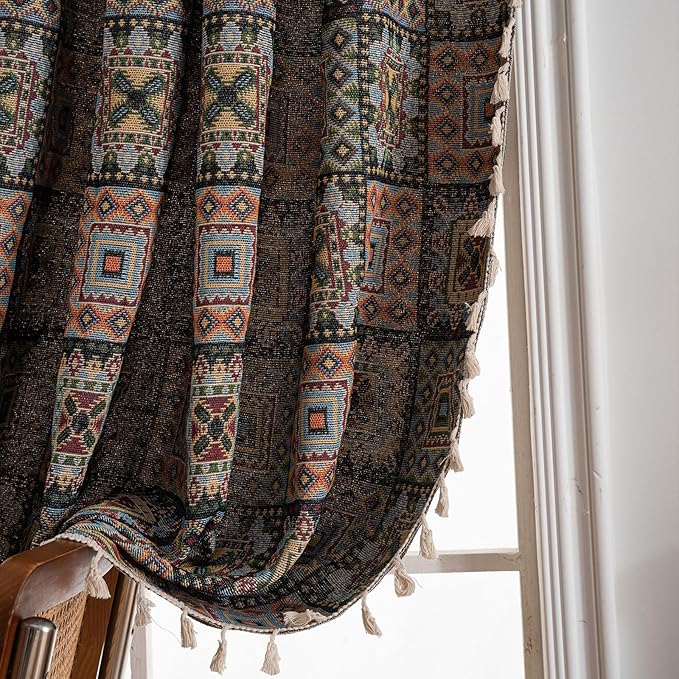 ENJOYBRIDAL Patchwork 84 Inch Curtains for Bedroom Living Room Drapes Jacquard Bohemian Semi Sheer Floor Length Window Curtains 2 Panel Sets Vintage Geometric Black Rod Pocket Boho Window Treatments