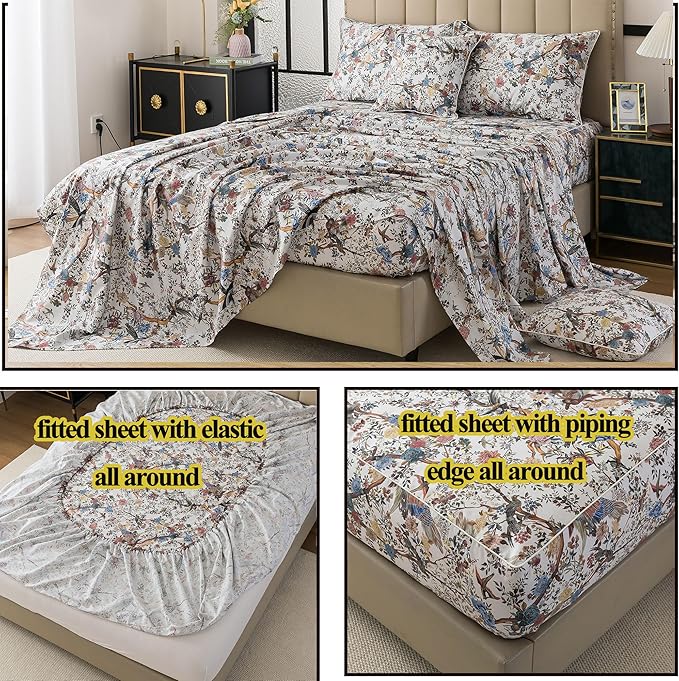 FADFAY Sheets Set Twin XL Botanical Bird Floral Bed Sheets Set Vintage Mocha Mousse Farmhouse Bedding Shabby Branches Bedding 100% Egyptian Cotton Breathable Soft Deep Pocket 4Pcs, Twin XL Size