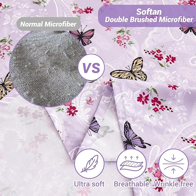 Softan Purple Floral Bed Sheets Full, Paisley Flower Printed Sheet Set, Cozy Microfiber Fitted Sheet with 15" Deep Pocket & Non-Slip Straps, Butterfly Patterned Sheets & Pillowcase Set
