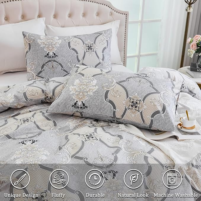 100% Natural Cotton Duvet Cover Set King 3 Pcs Grayish Duvet Cover with Luxurious Damask Pattern, Reversible Breathable Soft Comforter Cover Sets with Zipper Closure All Season