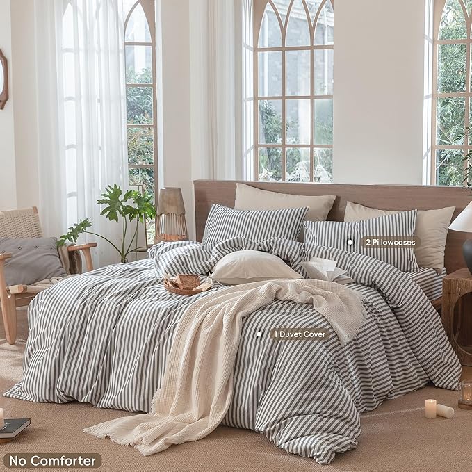 MooMee Striped Duvet Cover Set 100% Washed Cotton Linen Like Textured Breathable Durable Soft Comfy (Dark Grey White Classic Stripes, Palatial King/Oversized King 120"x98")