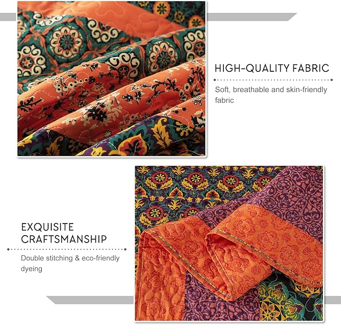 Travan Boho Stripe Quilt Sets Floral Printed Reversible Soft Bohemian Bedding Set with Shams for All Season, Orange Red Stripe, Queen Size