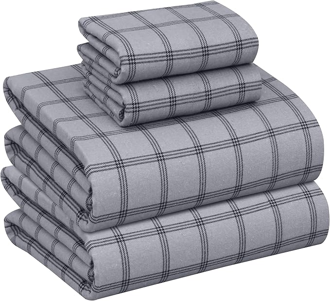 RUVANTI Flannel Sheets Queen Size - 100% Cotton Double Brushed Bed Sheets, Deep Pockets 16 Inches Queen Sheet Set, All Seasons Breathable & Extra Soft - Warm & Cozy, 4 Piece, Open Grid Check