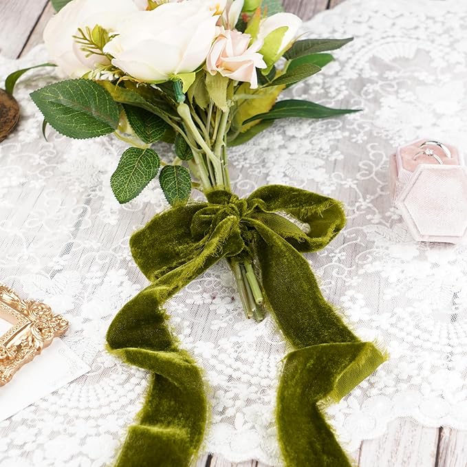 Moss Green Silk Velvet Ribbon 1.5 Inch Rustic Style Raw Edge Olive Green Frayed Edge Fringe Gift Ribbon for Wedding Invitation Bridal Bouquet -3yards