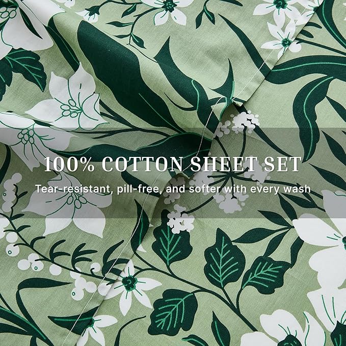 100% Cotton Sheet Set Queen Size – 4-Piece Luxury Forest Green Floral Bedding, Soft Breathable Percale Weave, Deep Pocket Fitted Sheet 17.5", Crisp Cool Feel, Refined Botanical Elegance