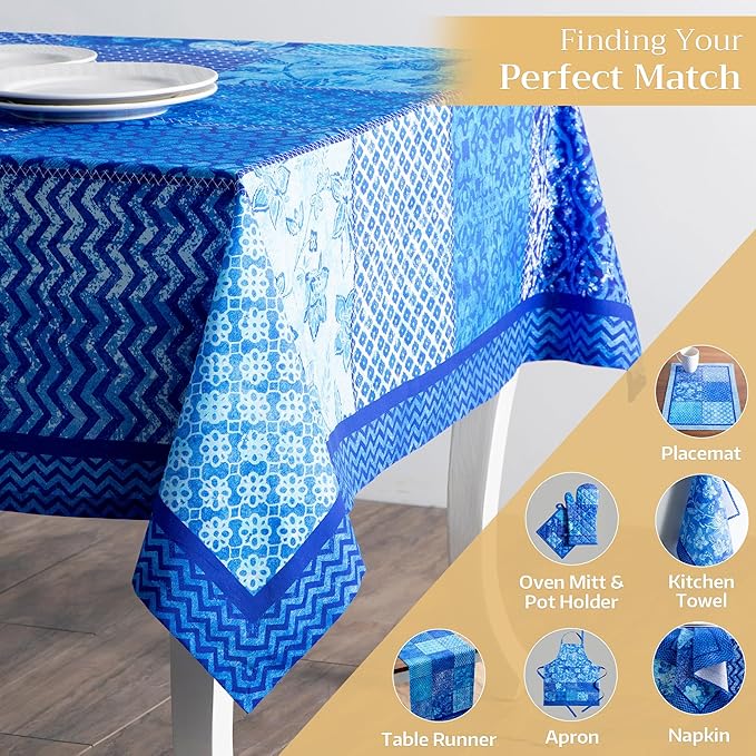 Maison d' Hermine Table Cloth Square Table 100% Cotton 60 x 60 Inches Tablecloth Reusable Decorative Everyday Use for Dining Room, Farmhouse, Home, Party, Festive & Wedding Spring Summer - Indigo Love