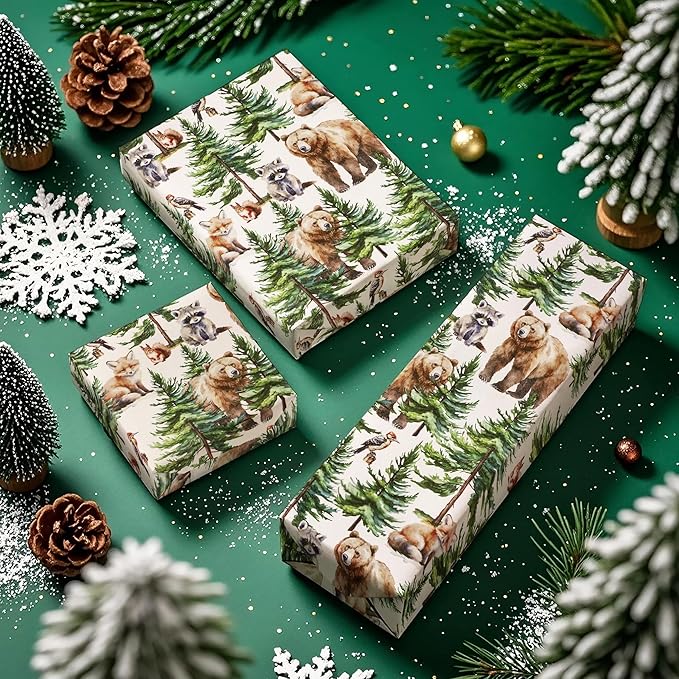 WRAPAHOLIC Kraft Christmas Wrapping Paper - Mini Roll - 17 Inch x 33 Feet - White Wild Animal Winterfall Watercolor and Christmas Tree Wrapping Paper Perfect for Holiday, Party