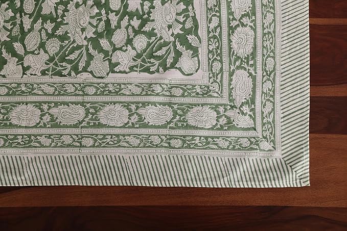 ATOSII Meraki Green 100% Cotton Rectangle Tablecloth, Hand Block Print Washable Table Cover, Dining, Christmas Parties, Outdoors, Weddings, Thanksgiving, Halloween Fall Decor 60 X 108 Inches, 8 Seater