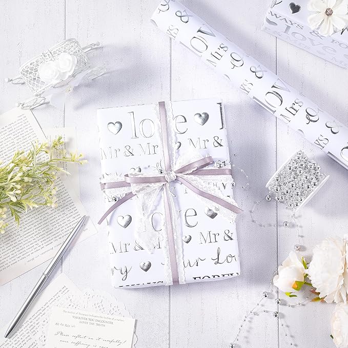 RUSPEPA 30“ x 16.4’ Wedding Wrapping Paper Large Roll, Jumbo Roll, White Gift Paper with Love & Mr & Mrs Design, Romantic Gift Wrap for Wedding, Bridal Shower, Anniversary, Engagement 41 total sq ft.